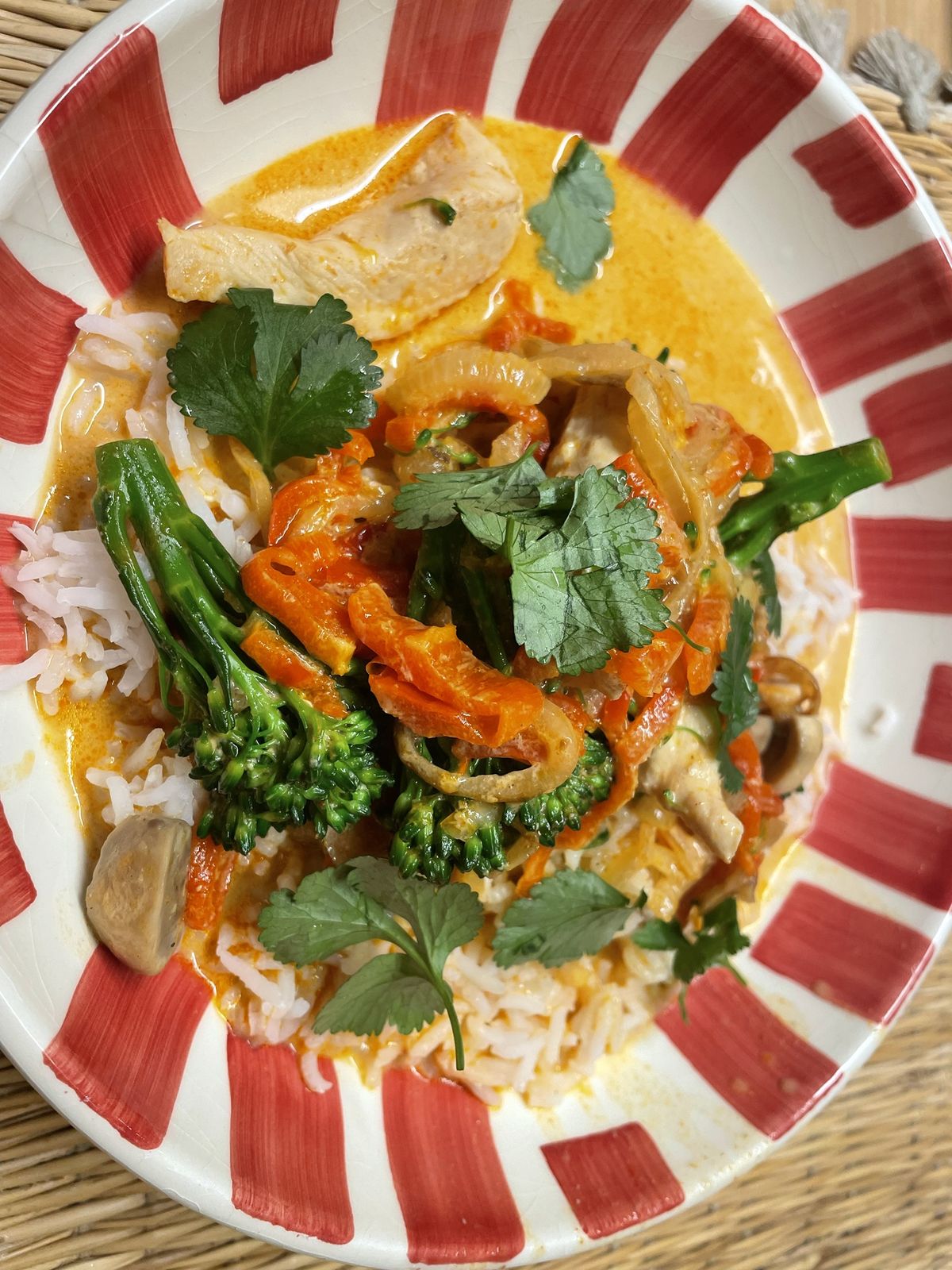Curry de poulet aux légumes dans un bol à rayures rouges